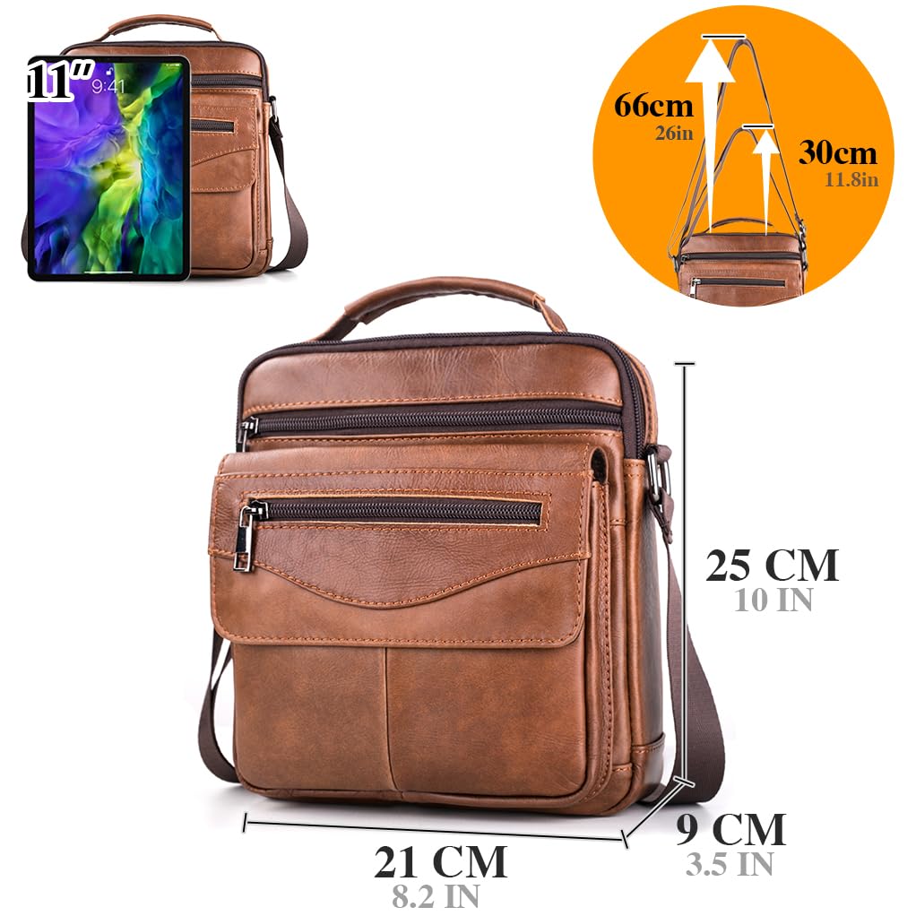 BAGZY Leather Messenger Bag for Men Shoulder Bag for Mens Handbag Crossbody Bag Large Sling Bags for 11 inch IPad Travel Business with Adjustable Shoulder Strap Brown
