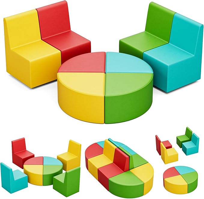 UMOMO 8-Piece Flexible Seating Set for Classroom, Colorful Modular Kids Couch for Playroom, Daycare, Preschool (Red+Yellow+Blue+Green)