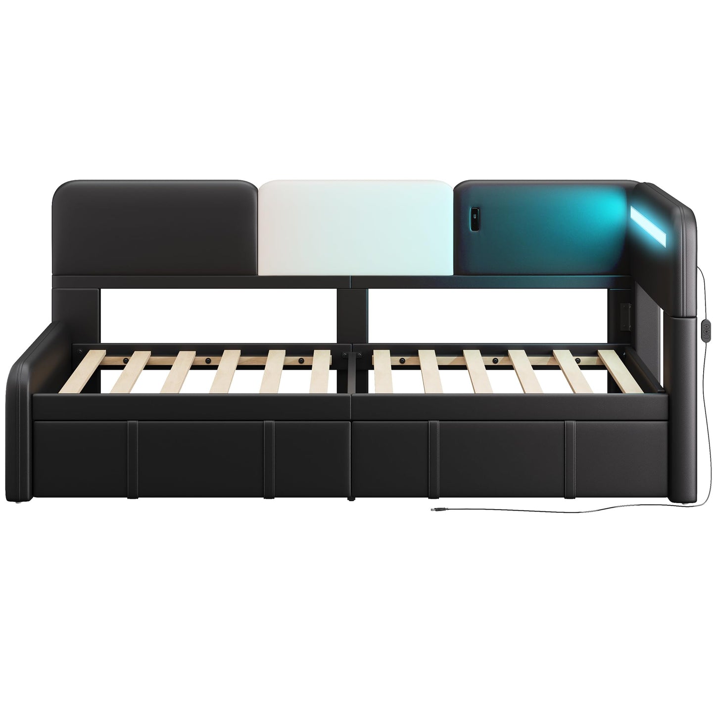 LIKIMIO Daybed with Storage, Twin Day Bed Frame with Drawers, Charging Station & LED, Sofa Bed with Strong Supports for Bedroom, Living Room, PU Leather Upholstered