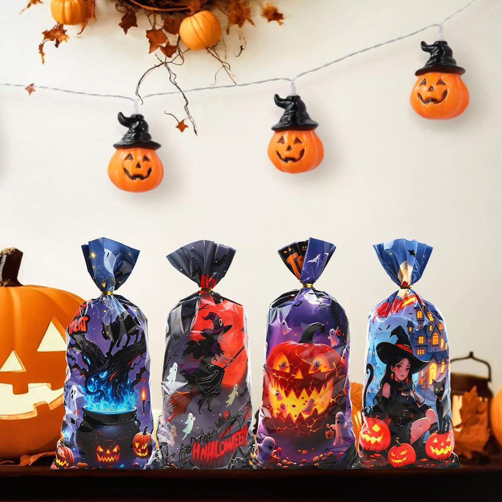 Halloween Cellophane Treat Bags, 100 Pcs Plastic Trick or Treat Candy Goodie Gift Bags with Twist Ties, 4 Style Clear Cookies Snack Goody Bag for Halloween Birthday Party Favors Supplies 10.8 X 4.9 In