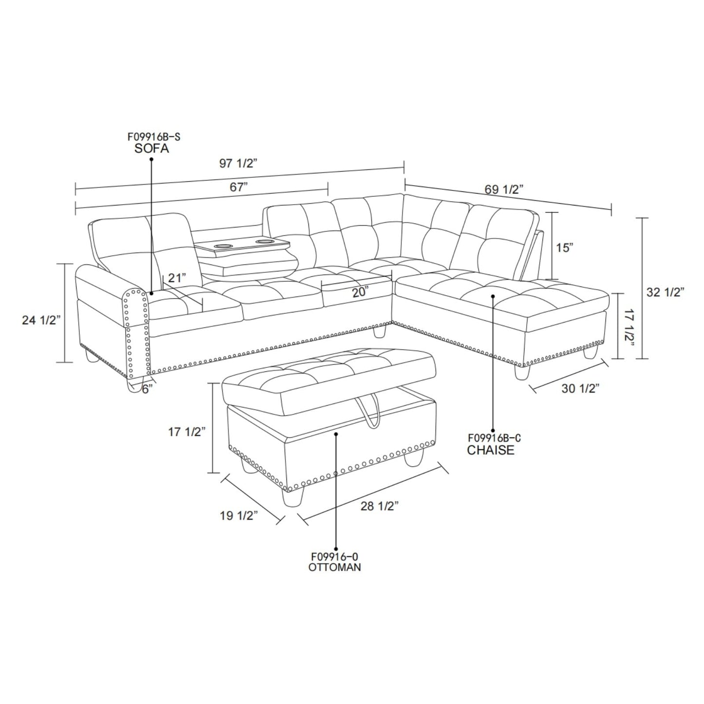 Trygoal 97.5 inch L-Shape Sofa with Storage Ottoman & Reversible Coffee Table, Leather Sectional Couch with Right Chaise, Modern 3-Piece Sofa Set, Upholstered Couch Set with Solid Wood Frame, Brown