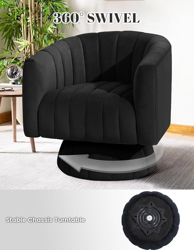 Kromax Swivel Accent Chair with Armrest, Set of 2, Mid Century 360 Degree Swivel Barrel Chair Overstuffed Tufted Velvet, Ideal for Living Room, Bedroom, Reading Room, Black