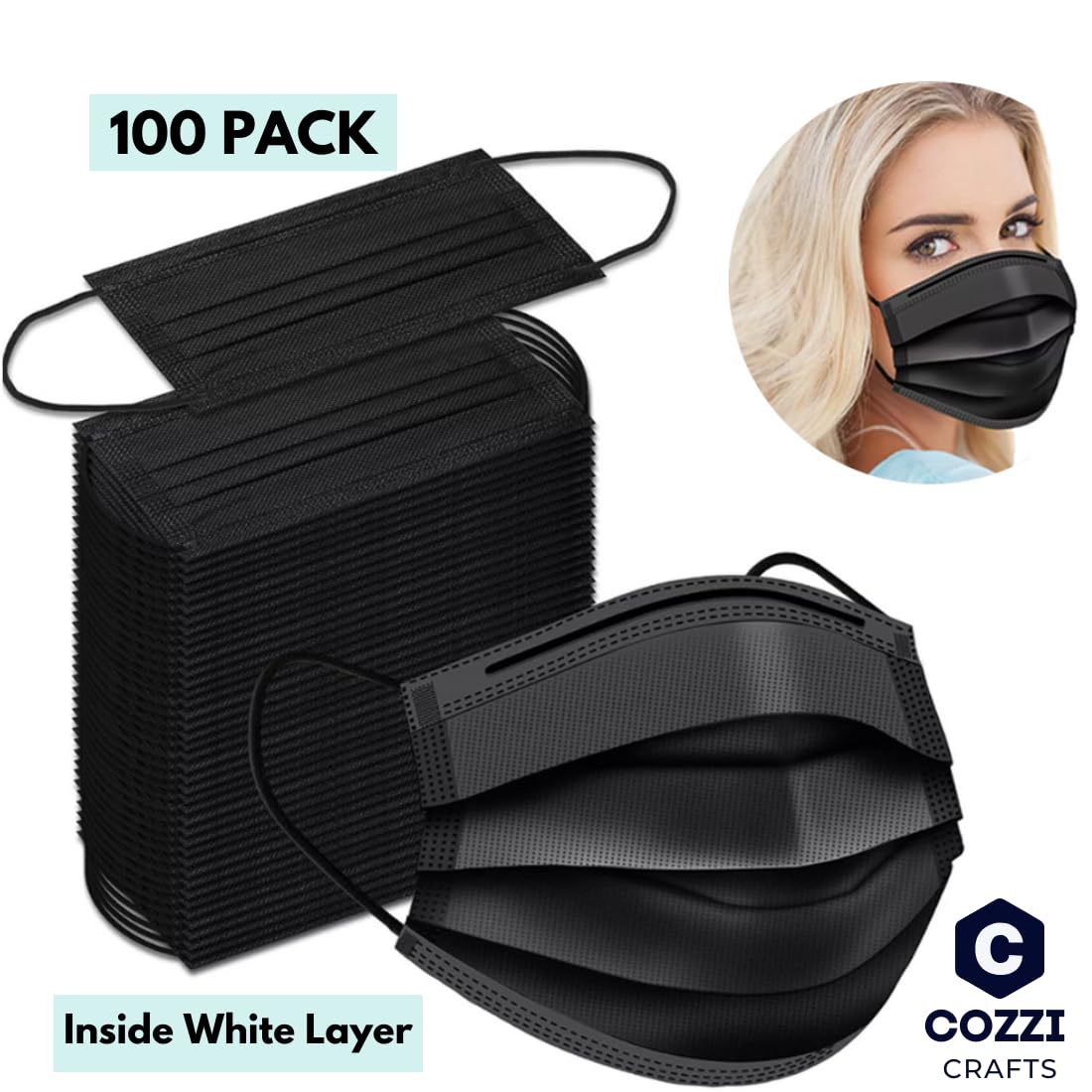 Cozzi Crafts Black Face Masks Disposable 100 Pack 3 Ply Facemask with White Inside, Dust & Allergy Mask, 3 Layer Adult Breathable