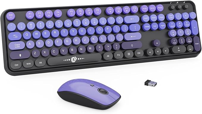 FOPETT Wireless Keyboard and Mouse Combo - 2.4G Full-Sized Cute Colorful Mouse and Keyboard with 104 Round Keys Retro Typewriter Keyboard for Laptop/Windows/PC - Black Purple