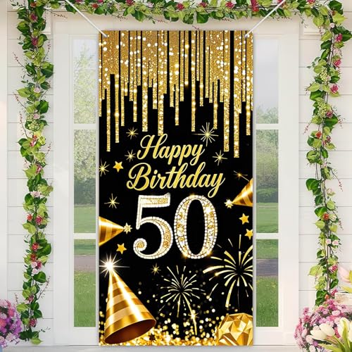 HOMETITUTE 50th Birthday Door Cover 71x35 Inch Black and Gold Birthday Banner for Party Decorations Diamond Number Backdro...