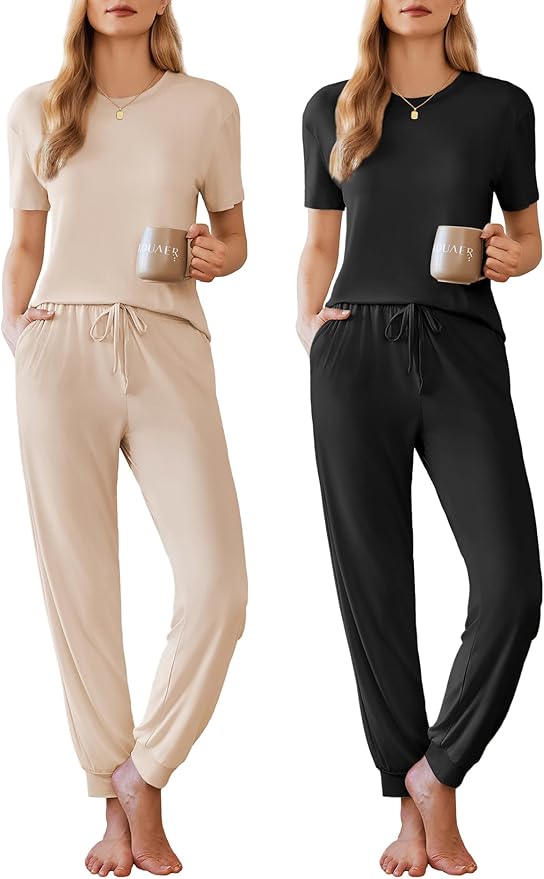 Ekouaer Pajamas for Women Set 2 Pack Lounge Set Short Sleeve Pjs Joggers Long Pants Loungepwear with Pockets