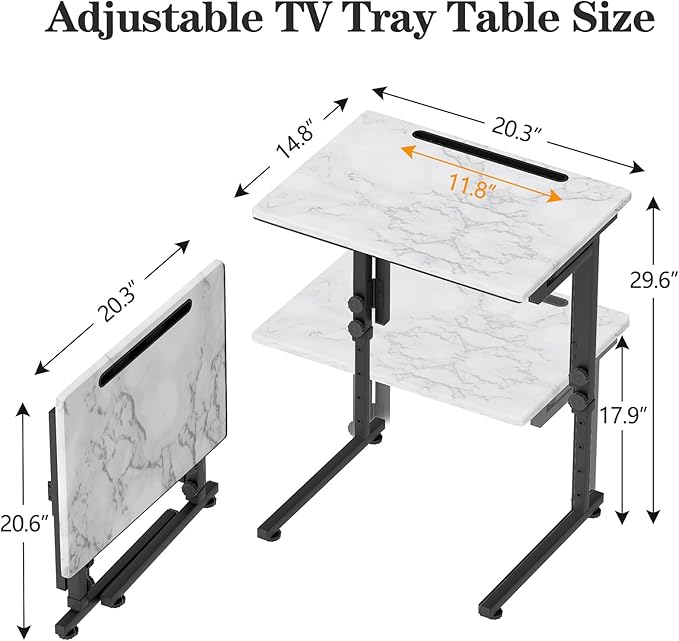 Katrawu Adjustable Height Tv Tray Table,Portable Folding Tv Dinner Snack Table,Small Foldable C-Shaped End Table for Eating,Slide Under Couch Side with Sturdy MDF Top,No Assembly(White Marble+Black)