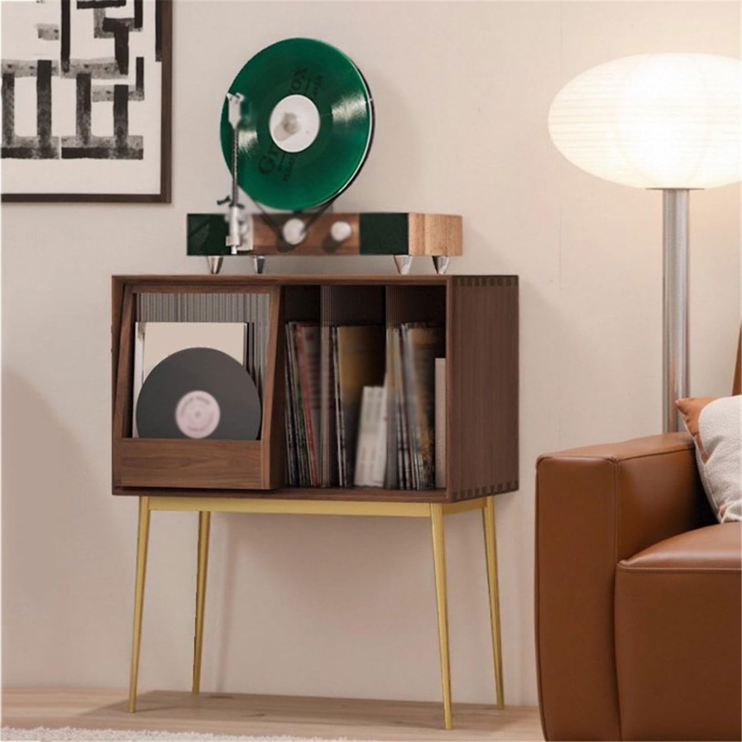 CAOJLjiaxiang-2012 CD-Holder Light Luxury Wooden Vinyl Record Cabinet with Sliding Doors, High Legged Books CD Storage Rack Record Player Stand