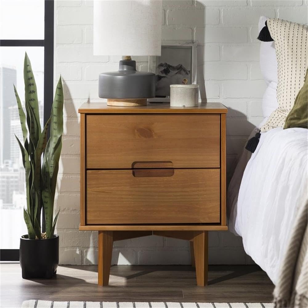 Walker Edison Mid Century Modern Grooved Handle Wood Nightstand Side Table Bedroom Storage Drawer and Shelf Bedside End Table, 2 Drawer, Caramel