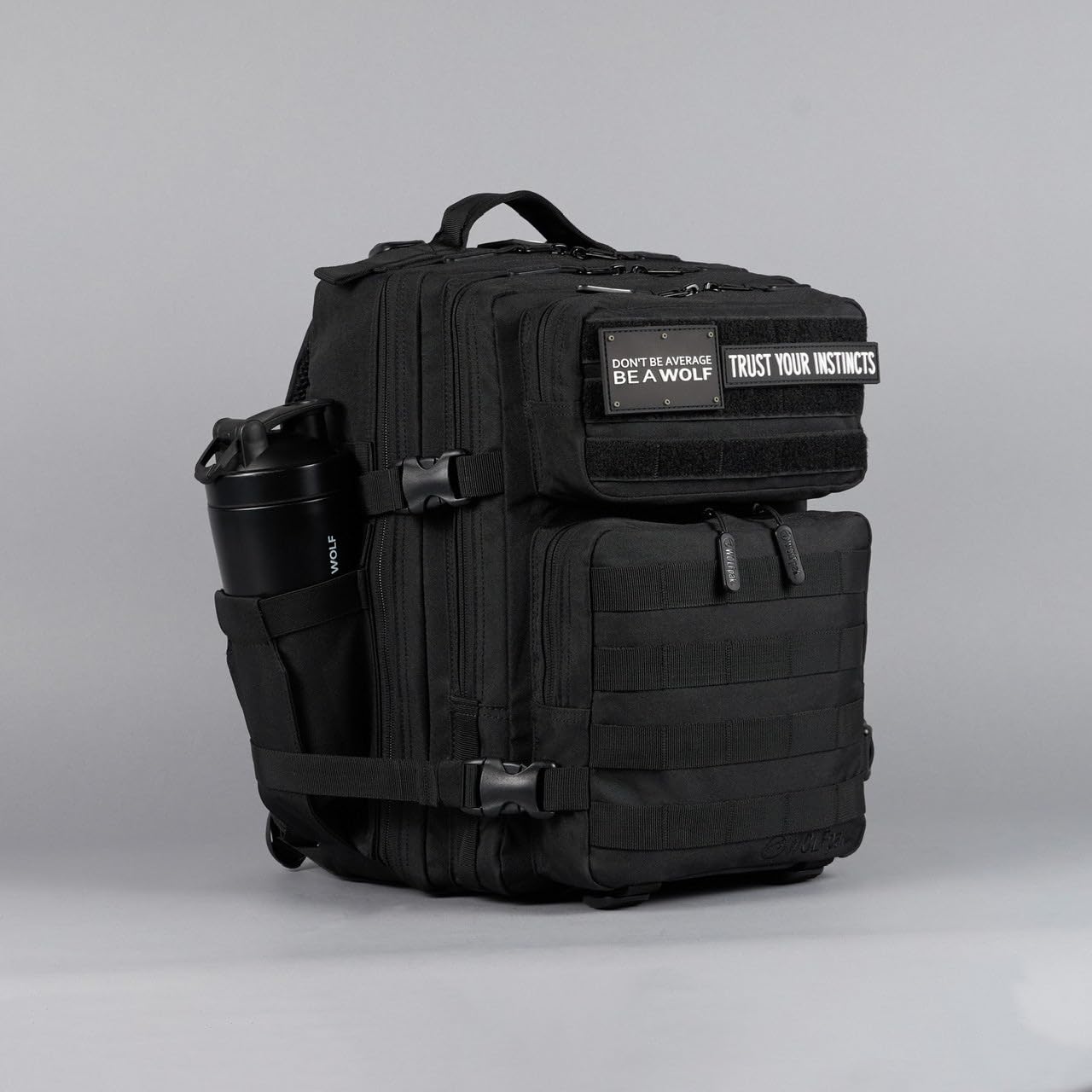 WOLFpak 25L Tactical Gym Backpack (Alpha Black) Durable 1000D Waterproof Oxford Material with MOLLE Webbing, Laptop Pocket & Dual Cup Holders