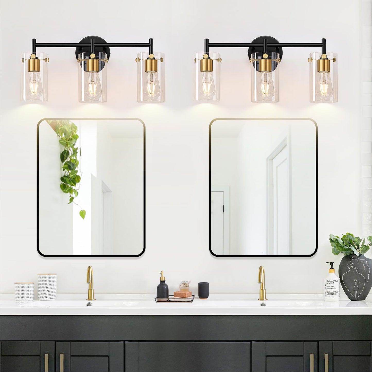 Bathroom Light Fixtures 2024 Upgrade, 3-Light Black and Gold Vanity Light, Black Bathroom Lights Over Mirror with Clear Glass Shade for Mirror Bedroom Living Room