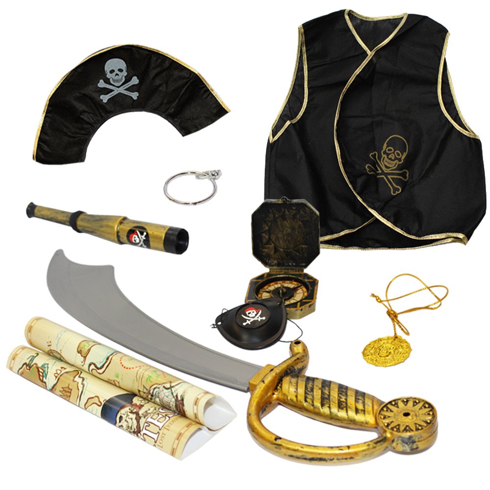 Funny Party Hats Pirate Costume for Kids - 9 Pc Set - Pirate Accessories Toys- Dress Up Clothes