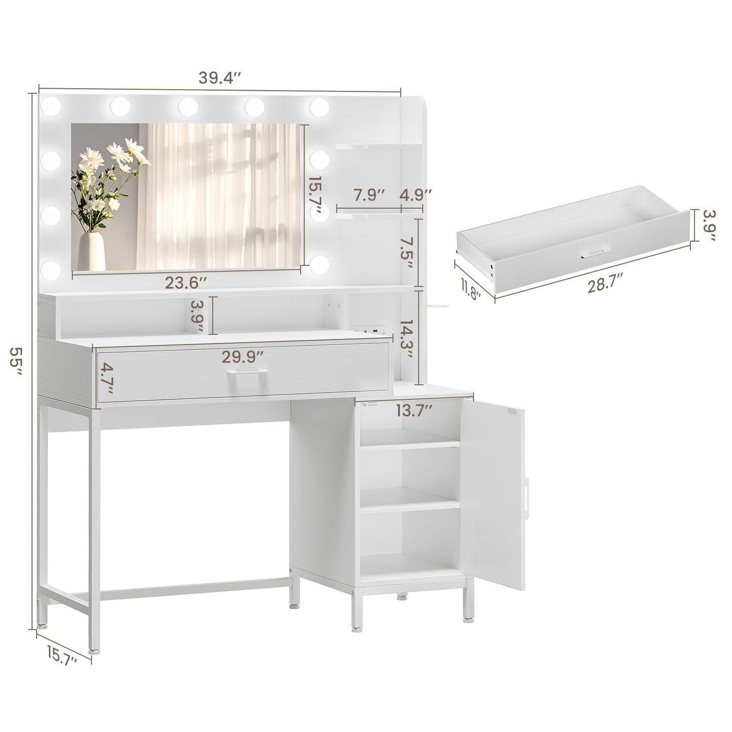 Driftalia Vanity Desk with Mirror and Lights, Makeup Vanity with Storage Drawer, Power Outlet and Large Cabinet for Bedroom - White