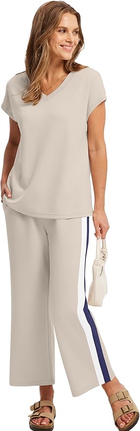 Saloogoe Two Piece Sets for Women Summer Outfits Lounge Sets V Neck Tops Wide Leg Pants Woman Vacation Travel Outfits