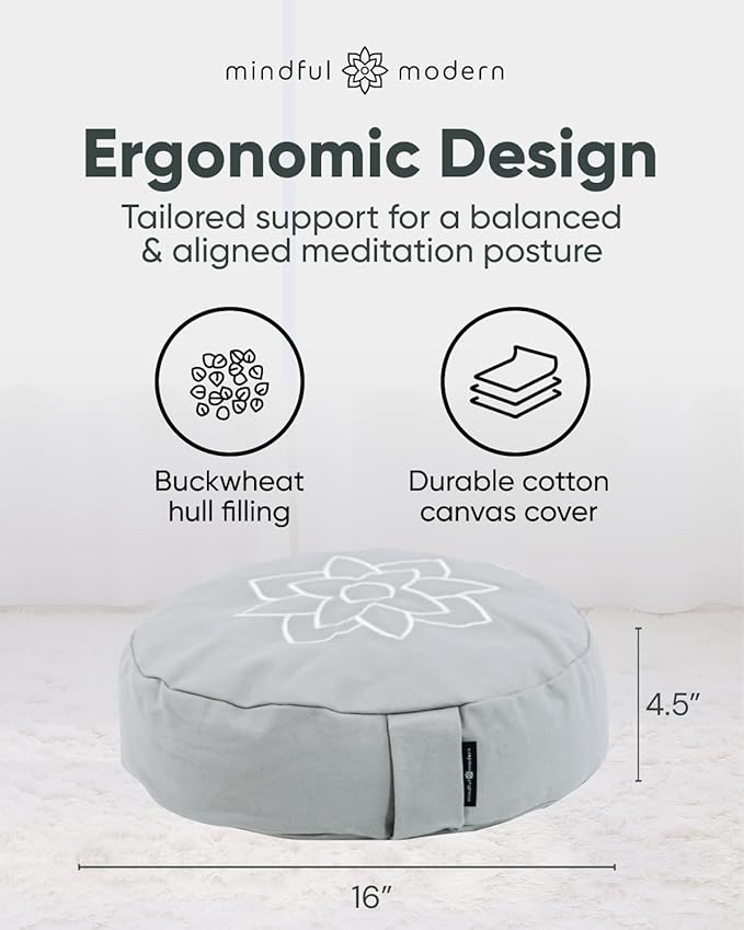 Mindful Modern Large Meditation Cushion for Zafu Yoga - Meditation Pillow for Sitting on The Floor - Buckwheat Hull Filled Yoga Cushion with Removable, Washable 100% Cotton Cover and Carry Handle