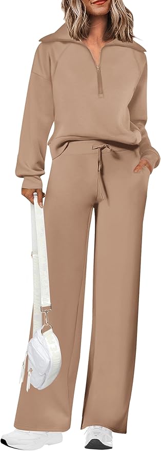 PRETTYGARDEN Women's 2 Piece Outfits Casual Lapel Half Zip Sweatshirts and Wide Leg Pants Tracksuit Sets