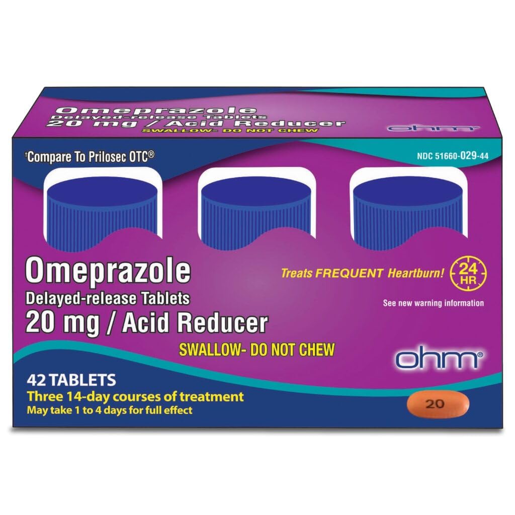 Ohm Omeprazole Delayed-Release Tablets, 20mg Acid Reducer, Treats Frequent Heartburn (12 Weeks of Supply, 84, Count)