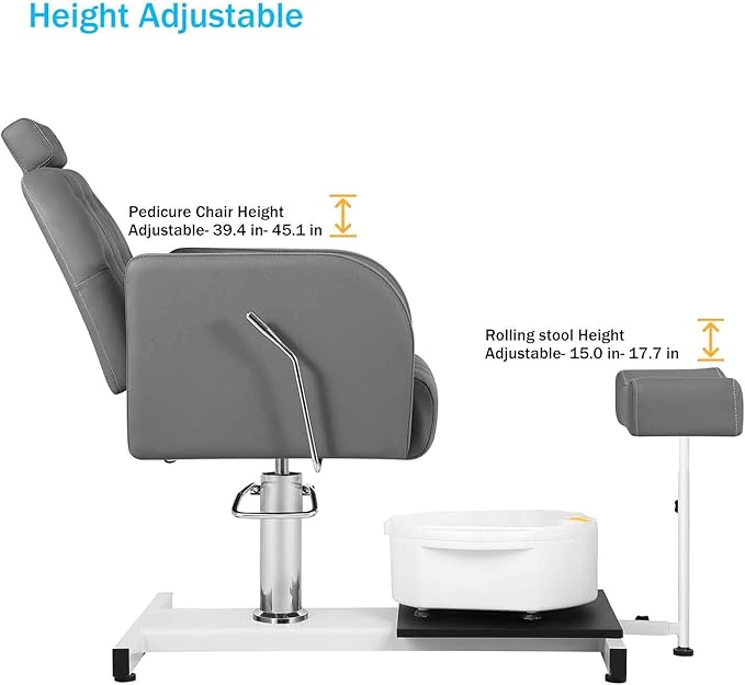 Pedicure Chair with Massage Foot Bath for Nail Tech and Foot Bath, Pedicure Chair 360 ° Rotation Height Adjustable Pedicure Unit Station (450graykou)