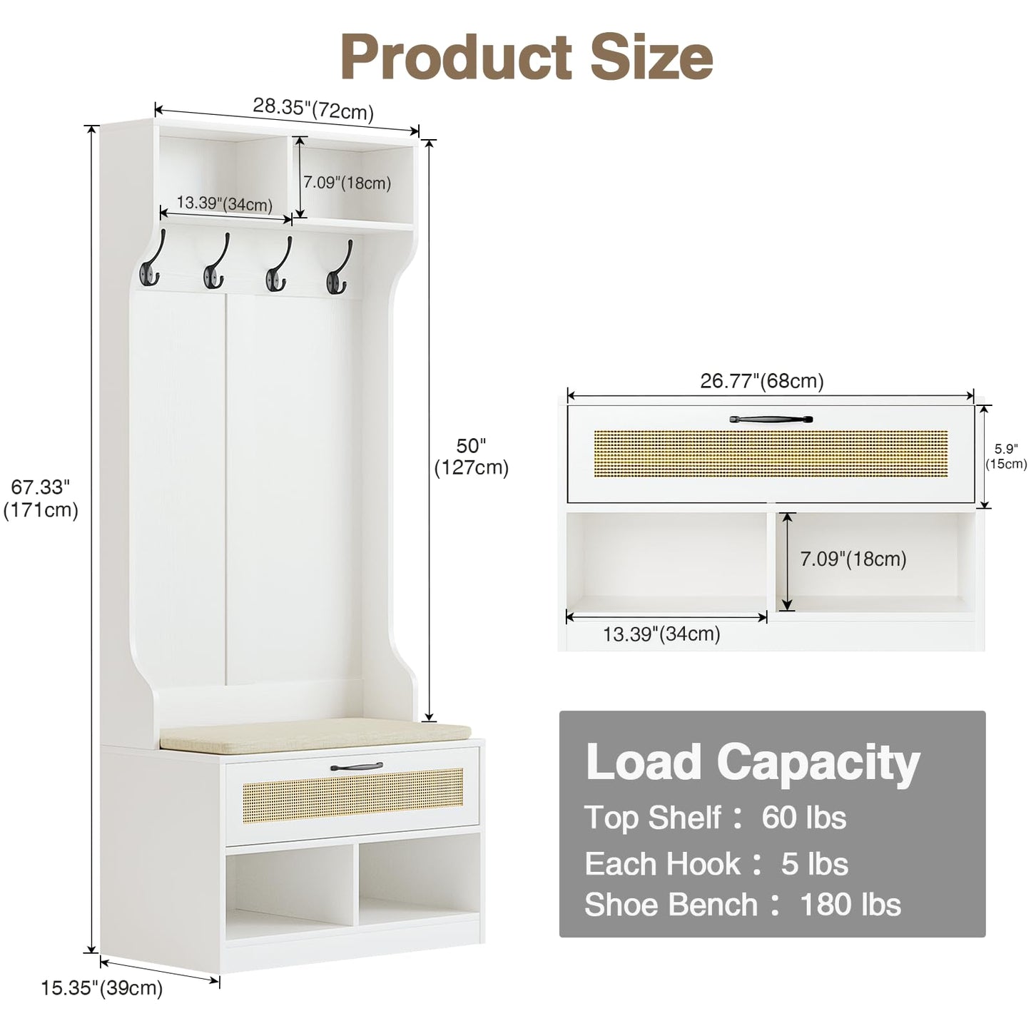 Skokliz Hall Tree with Bench & Shoe Storage - Entryway Coat Rack with 6 Compartments, 4 Hooks & Rattan Door, Soft Cushion Shoe Bench for Hallway, Living Room & Mudroom, White