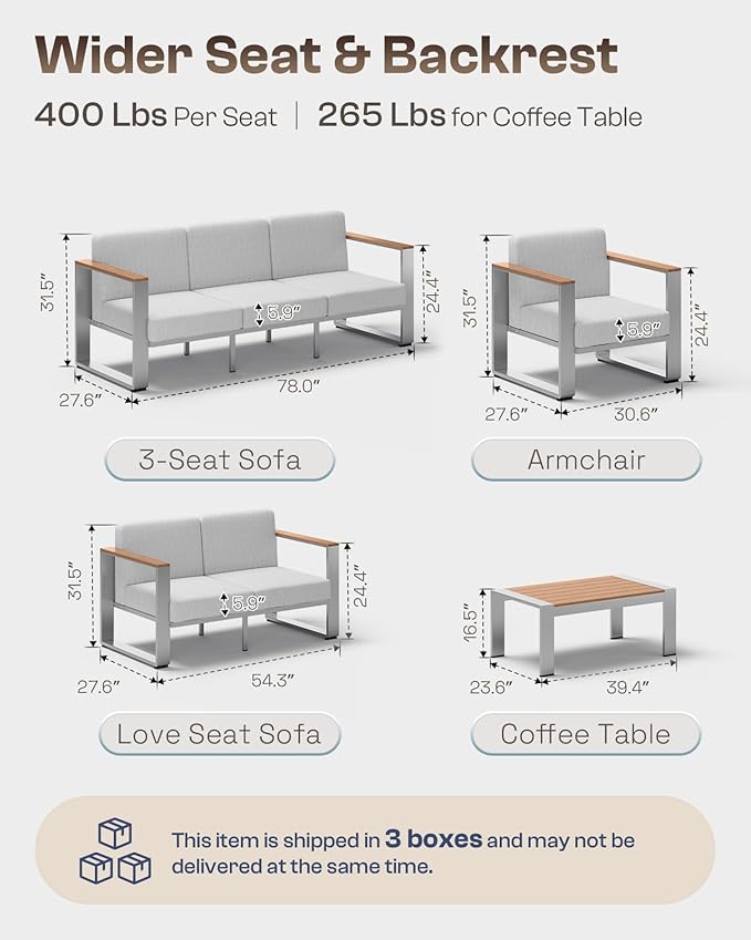 ComfCove Aluminum Patio Furniture Set, 5 Seats Outdoor Patio Conversation Sets with Ergonomic Seat and Wide Washable Thick Cushions, Modern Outdoor Sectional Furniture for Balcony, Porch