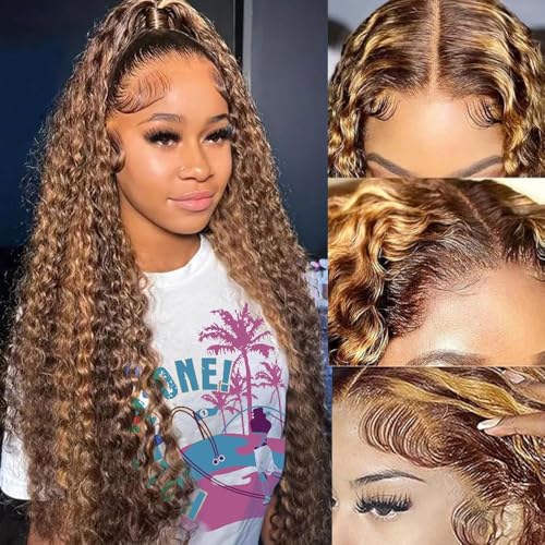 Highlight Ombre 13x4 HD Lace Front Human Hair Wig 26 inch 4/27 Deep Wave 180% Density Honey Blonde Curly Glueless Lace Frontal Wig For Women Pre Plucked with Baby Hair