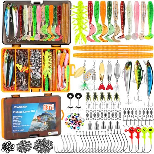 PLUSINNO Fishing Lures, 137Pcs Tackle Box with Tackle Included, Crankbaits, Spoon, Hooks, Weights & Other Accessories, Fis...