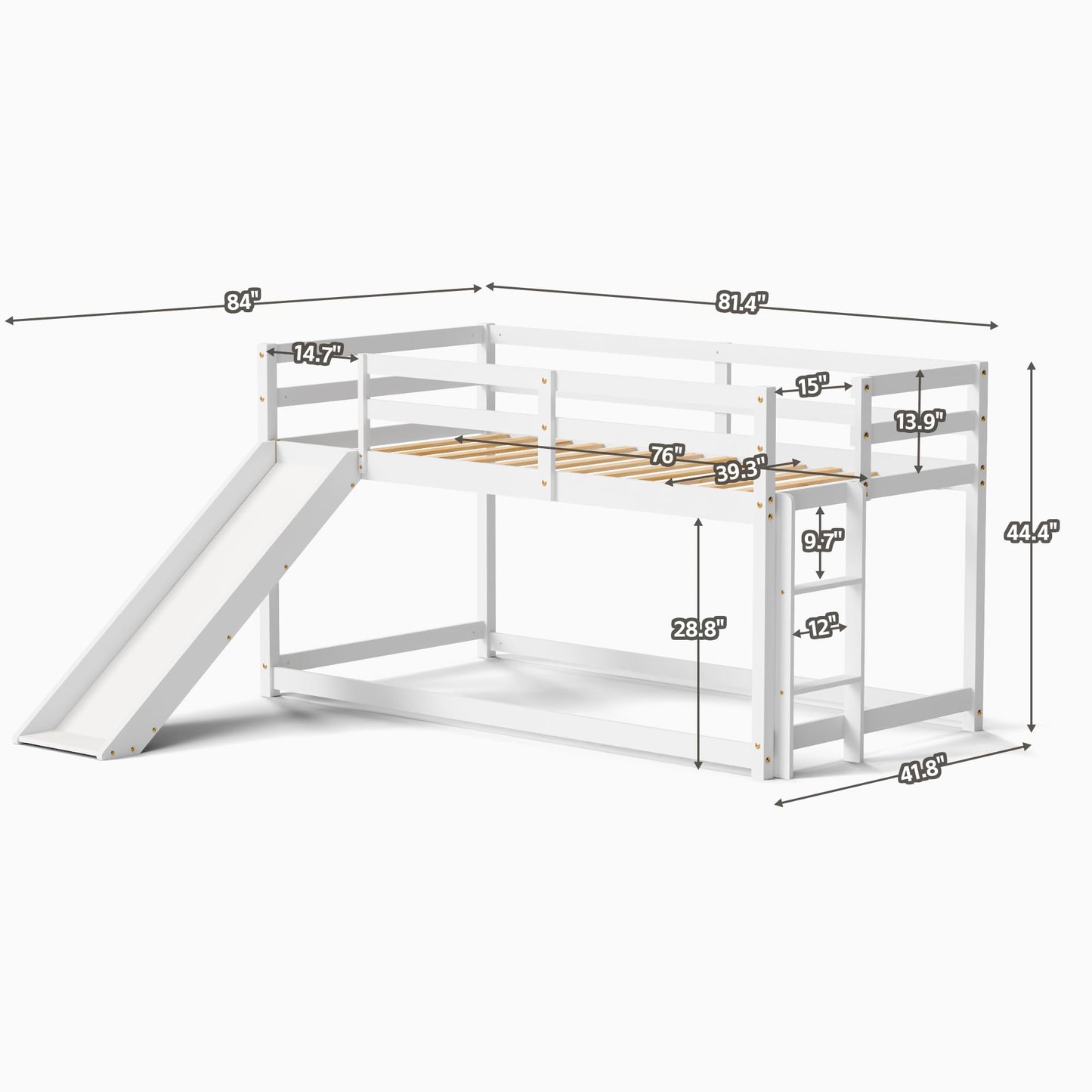 OLEAD Low Bunk Bed with Slide, Floor Loft Bed with Climbing Ladder, Wood Twin Bunk Bed Frame with Full Guardrails & Storage Space for Kids Toddler