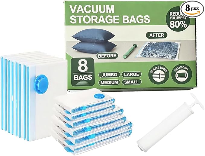 Vacuum Storage Bags for Travel and Home,Space Saver Bags for Clothes,(with Hand Pump, Large, 8-Pack 40 * 60)
