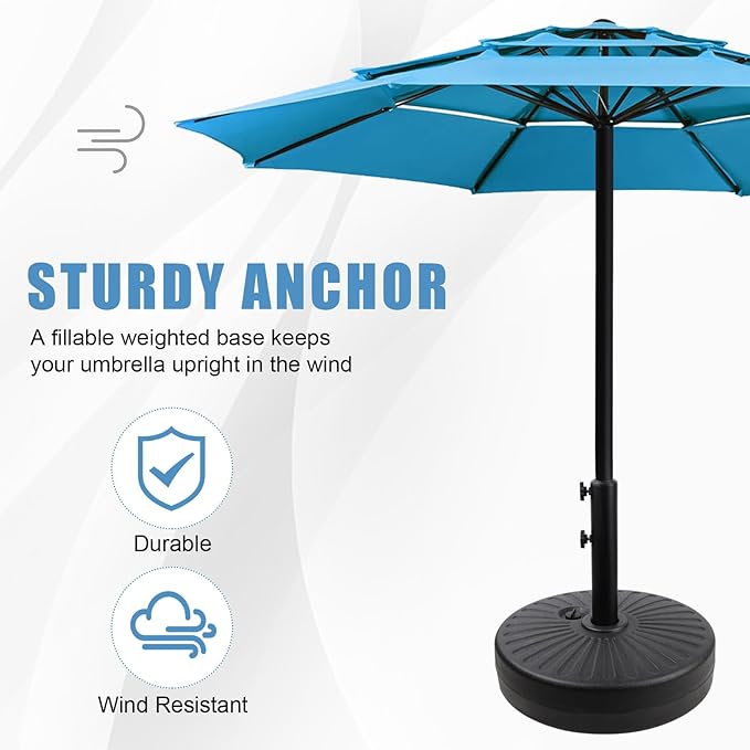 Gzdisbek Heavy Duty Umbrella Round Base Stand with Steel Umbrella Holder, Water or Sand Fillable for Outdoor, Patio, Market, Lawn, Garden, 50lbs Weight Capacity, 20inch (Black)