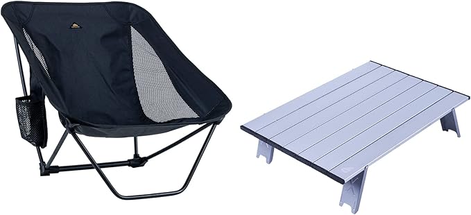 iClimb 1 Mini Folding Table and 1 Low Folding Chair Bundle, Ultralight Compact for Solo Adult Outdoor Backpacking Camping ...