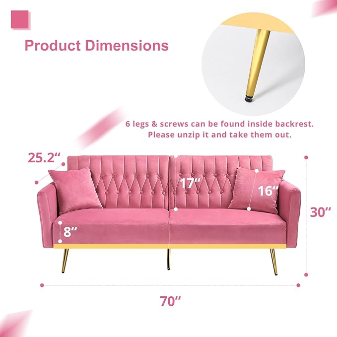 ACMEASE 70” Velvet Futon Sofa Bed with 2 Pillows and Adjustable Armrests, Convertible Sleeper Bed, Modern Loveseat for Living Room, Bedroom, Pink