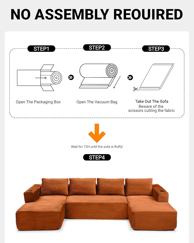 132 Inch Modular Sectional Sleeper Sofa, Boneless Cloud Couch for Living Room, U Shaped 5 Seat Sofa with 2 Cup Holders, Free Combination, No Assembly Required (Orange)
