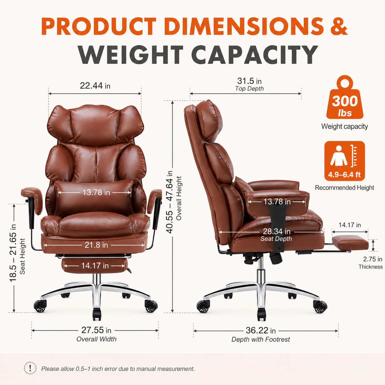 Big and Tall Ergonomic Office Chair with Footrest, Executive High Back PU Leather Desk Chair, Reclining Computer Chair with Adjustable Lumbar Support and Armrests, Swivel Rolling Gaming Chair, Brown