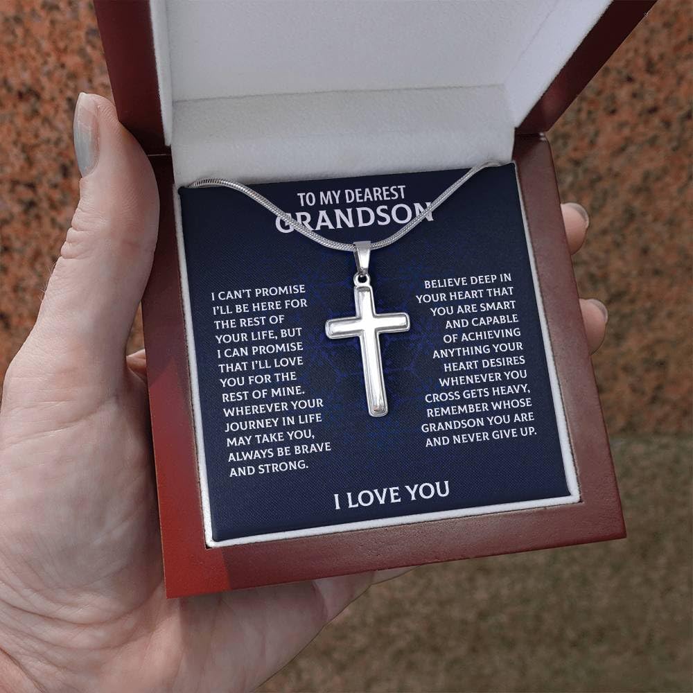 FLOWER TKV My Grandson Personalized Cross Necklace, Gift For Grandson From Grandma Grandpa, Graduation Birthday Birthday Christmas Cross Necklace Gift (Luxury Box w/LED, Brave &Strong)