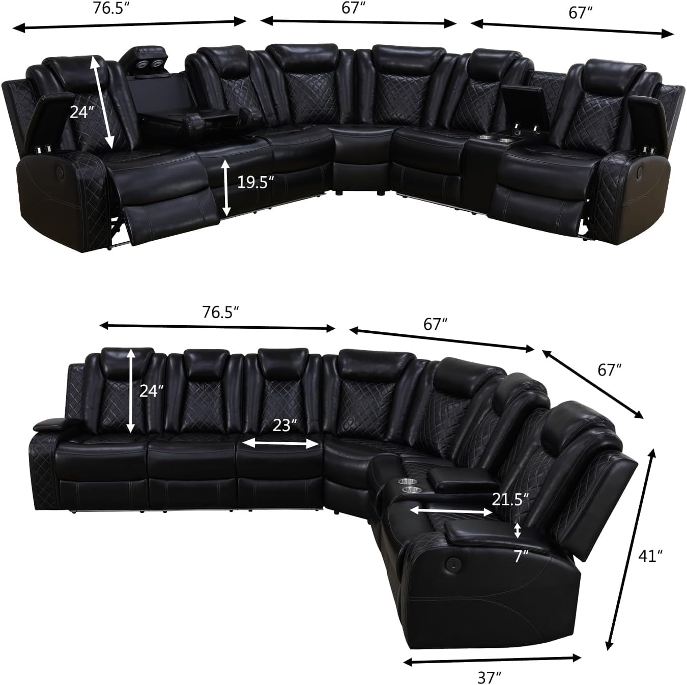 FUOROLA Power Recliner Living Room Set with LED, Breathing Leather Reclining Sectional Sofa Couches for Home Theater with Cup Holder, Storage Consloe, USB Charge