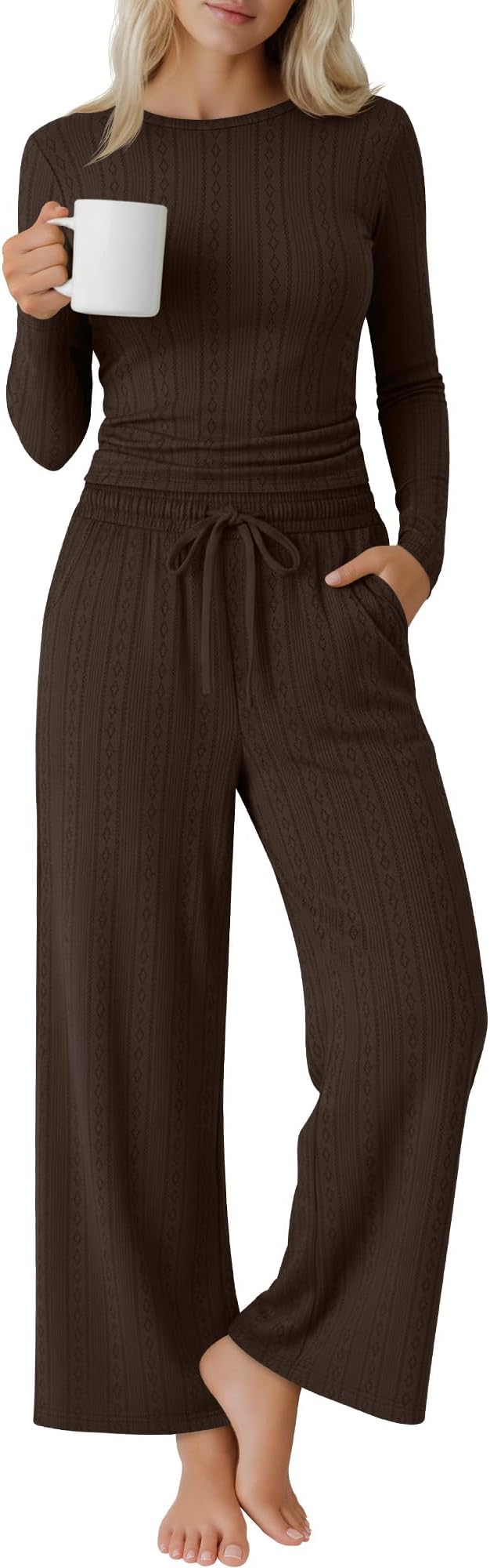Evervibe Women's 2 Piece Lounge Set Long Sleeve Crew Neck Top Drawstring Wide Leg Pants Casual Tracksuit Matching Set