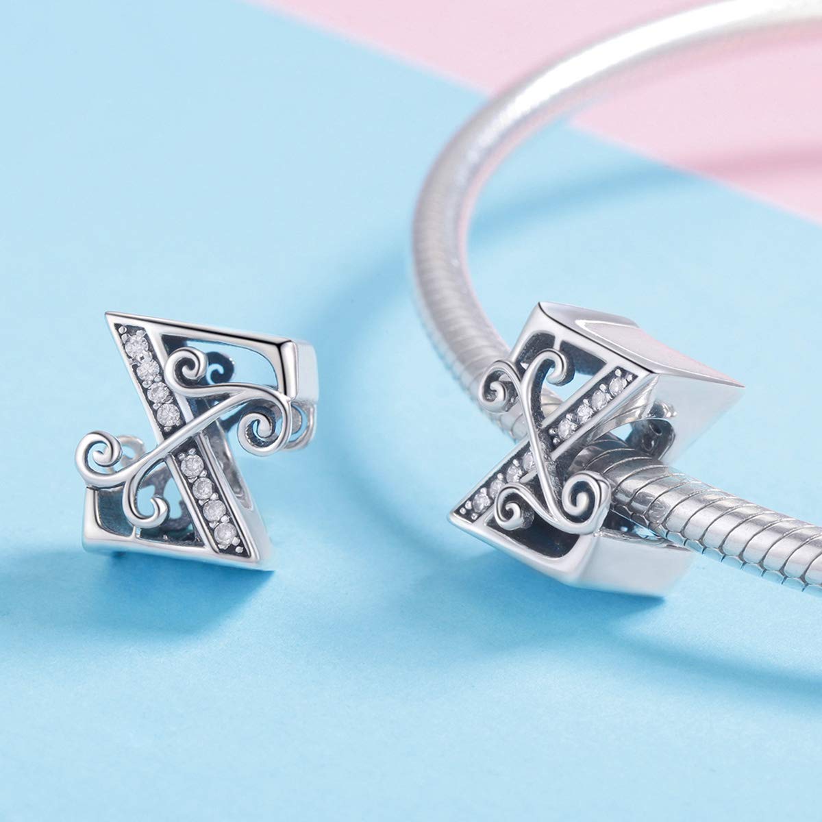 BISAER 925 Sterling Silver Initial Letter Z Charms for Bracelets Alphabet Beads Charm Jewelry Gifts