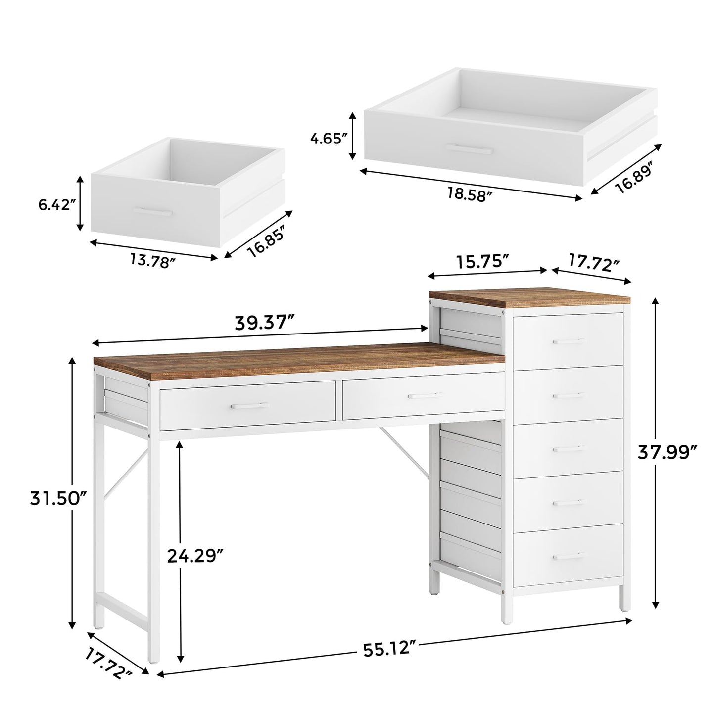 Condemo Vanity Desk with 7 Drawers, 55 inch Makeup Vanity Table with Reversible Drawer for Women, Girls, White and Brown (Without Mirror)