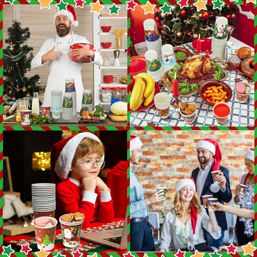 Zhehao 200 Pcs Christmas 9 oz Paper Cups Disposable Coffee Cups Santa Snowman Elk Disposable Hot Cups Xmas Party Drinkware...