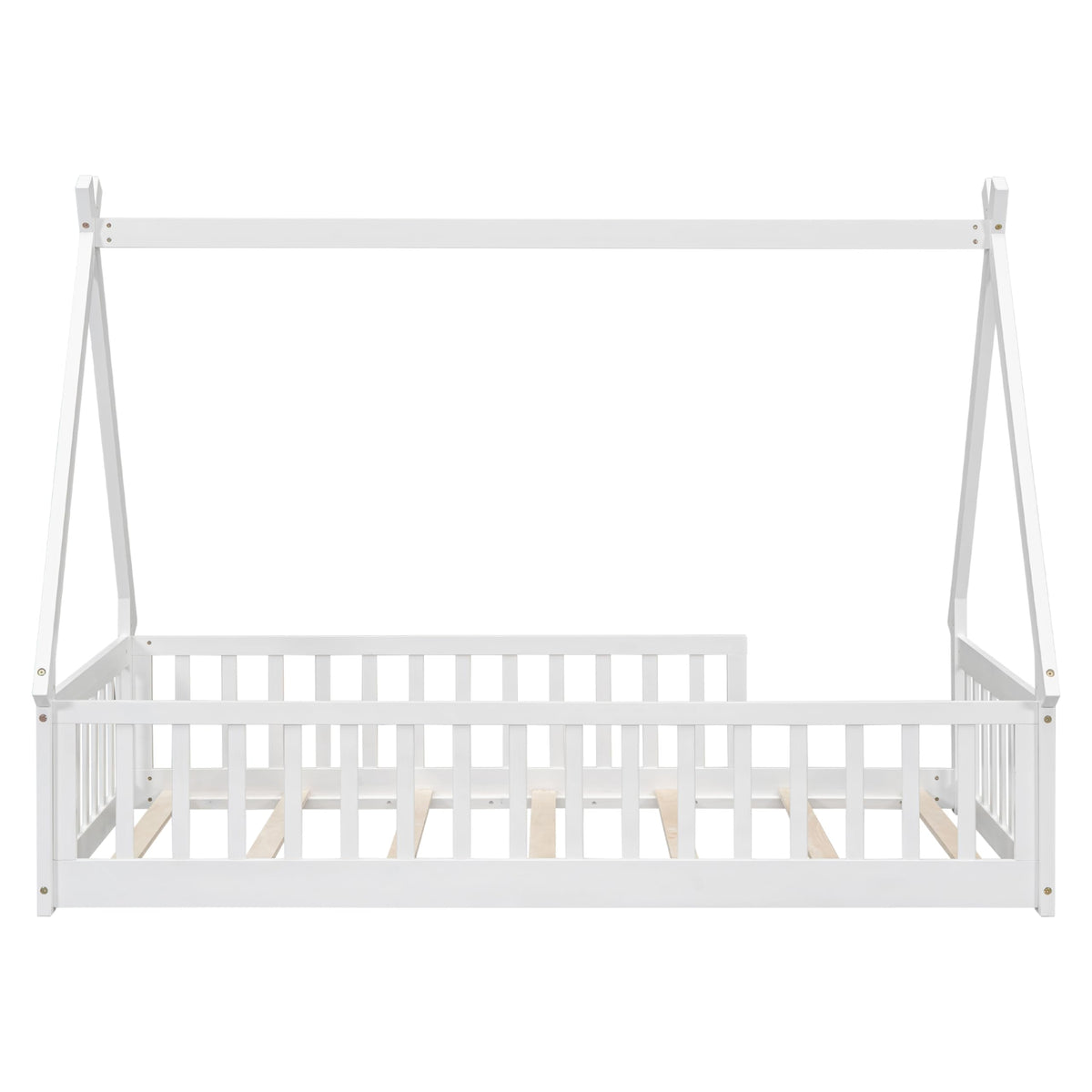 Wekuku Twin Tent Shaped Floor Bed for Kids – Teepee with Guardrails Slats, White Wooden Playhouse Bed for Bedroom, Montessori Inspired Design