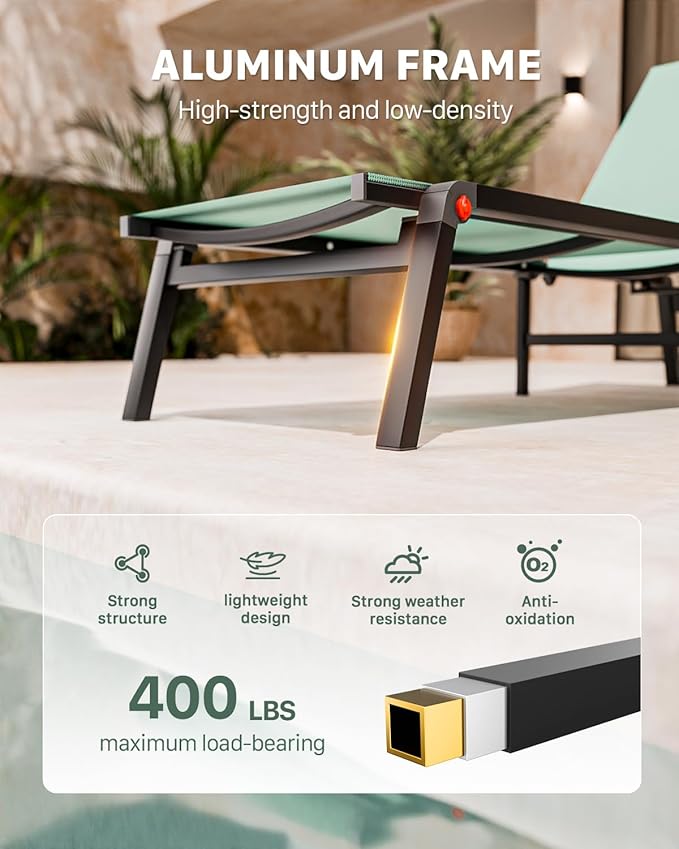 WOAJNQO Aluminum Patio Chaise Lounge Chair Set of 2 with Side Table,5-Position Adjustable Backrest,Foldable Lounge Chair Outdoor,Pool Lounge Chairs for Poolside,Lawn,Deck,Beach (Green, 2 Pack+Table)