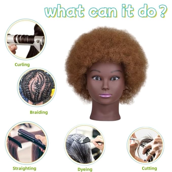 African Kinky-Curly Human Hair Mannequin Head, African Hair Mannequin Head Cosmetology Training Manikin Doll Head Black Mannequin Head for Braiding