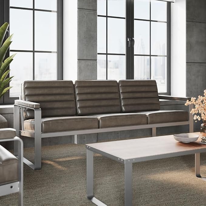 NBF 3 Seat Office Lounge Sofa - Warm Ash Polyurethane Upholstery with Charcoal Metal Frame - Modern Waiting Room Sofa Bench - 78.75" W x 30.75" D x 29.5" H
