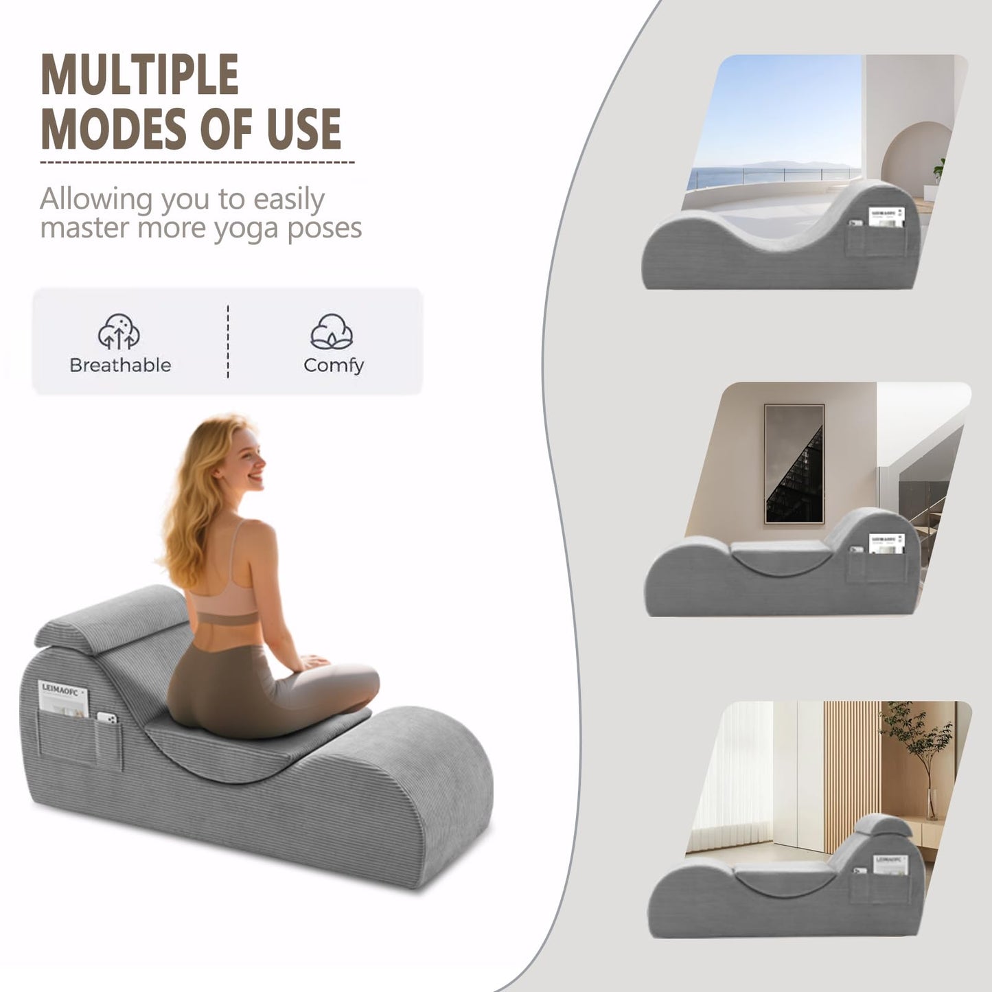 Yoga Chair Lounge for Adult, Ergonomic Chaise Lounge Chair with Side Pocket, Headrest, Waist Pad, Perfect for Stretching, Massage, and Relaxation, Used in Living Room, Bedroom（Grey）