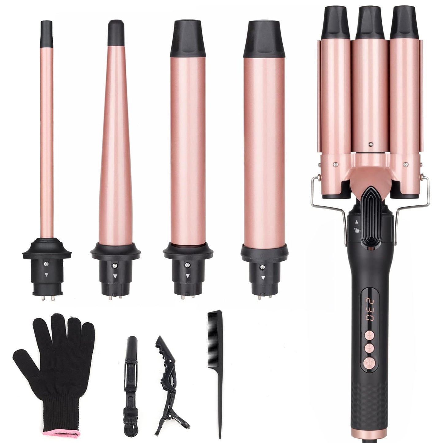 UNOBEY 5 in 1 Curling Wand Set, Three Barrel Curling Iron Set with 3 Barrel Curling Iron and 4 Interchangeable Ceramic Curling W