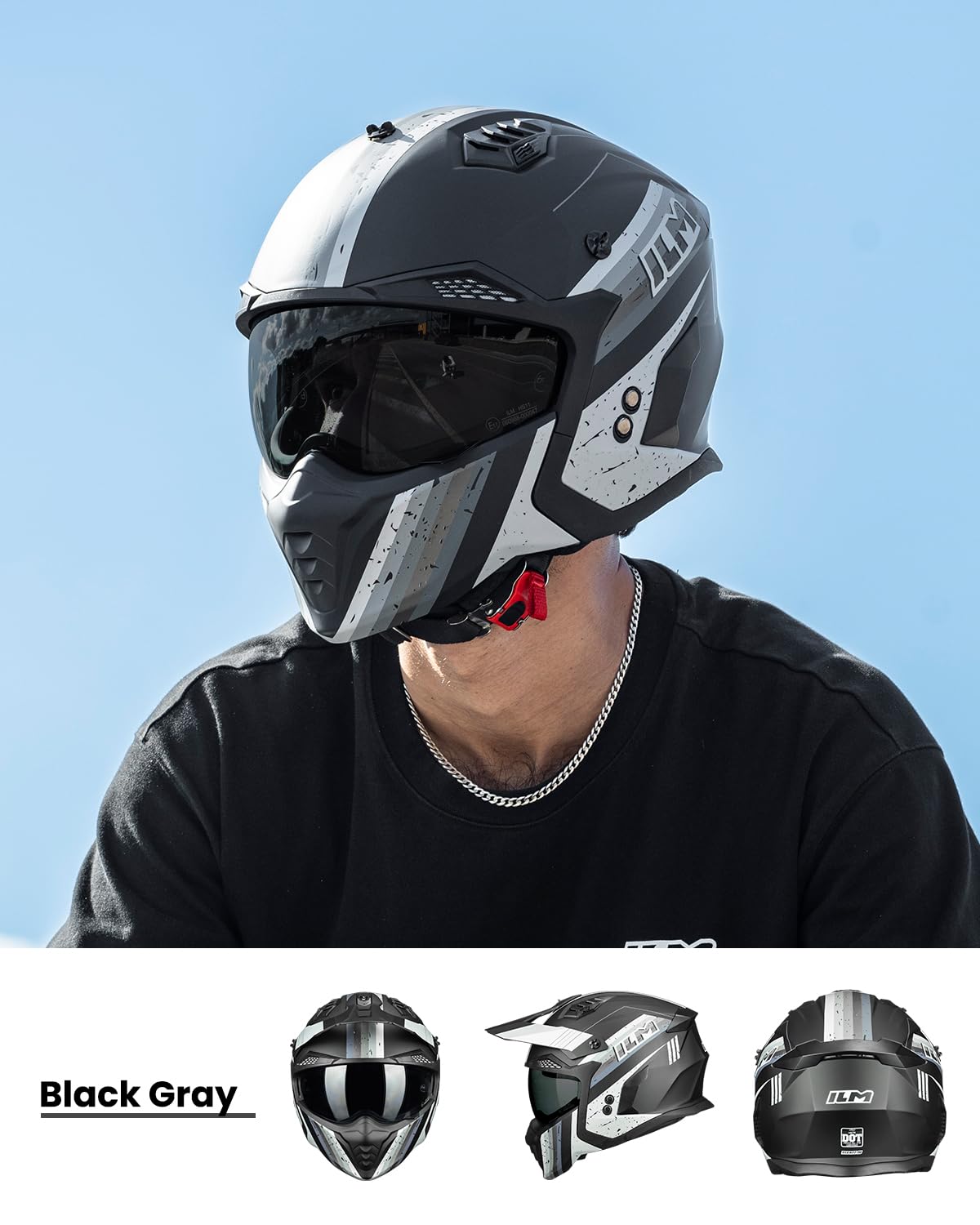 ILM Open Face Motorcycle 3/4 Half Helmet DOT ECE for Adult with Tinted Clear Visor Moped ATV Cruiser Electric Scooter Model HS711(Black Gray,XL)