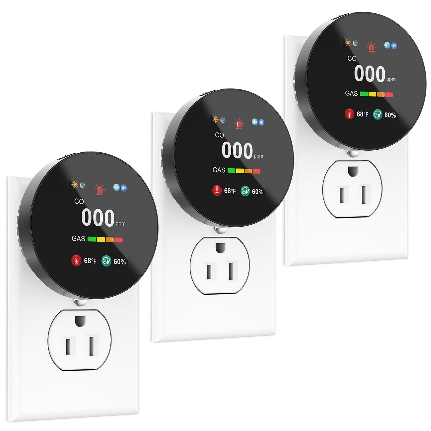 4-in-1 Carbon Monoxide & Gas Detector Plug in, Combination Natural Gas Leak & Carbon Monoxide Alarm, Dual Sensor CO & Gas Detector with Temperature & Humidity, 3 Packs