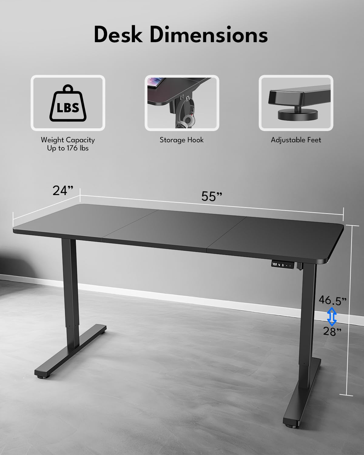 Zontera Standing Desk, Height Adjustable Electric Stand up Desk, 55 x 24 Inches Sit Stand Home Office Desk with Splice Board, Black Frame/Black Top