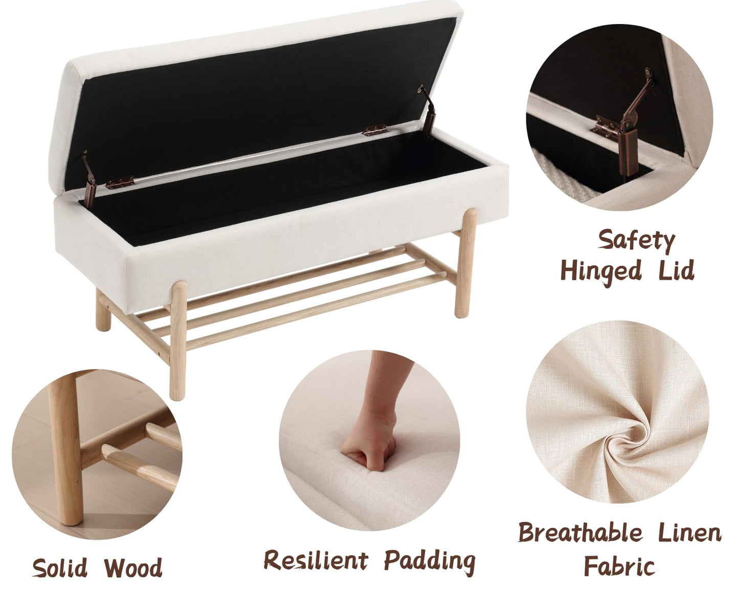 CIMOTA Entryway Storage Bench for Bedroom Upholstered End of Bed Ottoman Bench with Wood Shoe Storage for Living Room/Hallway/Under Window/Corner, 45 Inches, Linen Beige