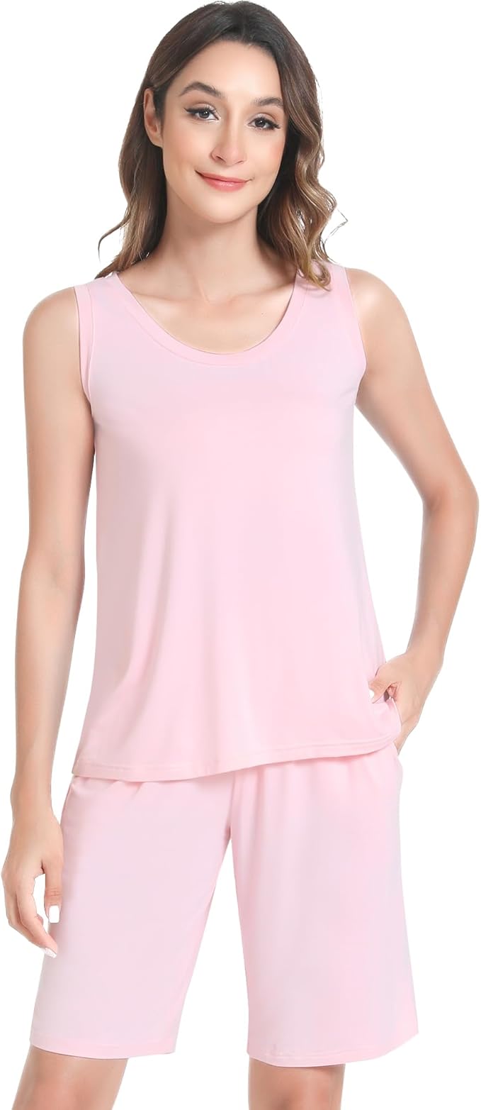 NACHILA Pajamas for Women-Viscose from Bamboo, Ribbed Racerback Tank Top Sexy Split Shorts Pajama Sets Cooling Sleep Cami Pjs